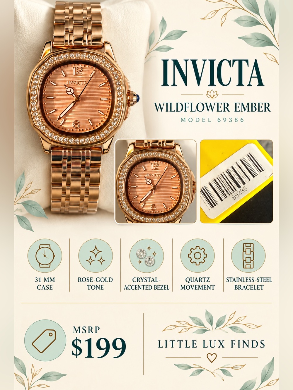 Invicta Wildflower Ember 69386 Rose Gold Crystal Watch